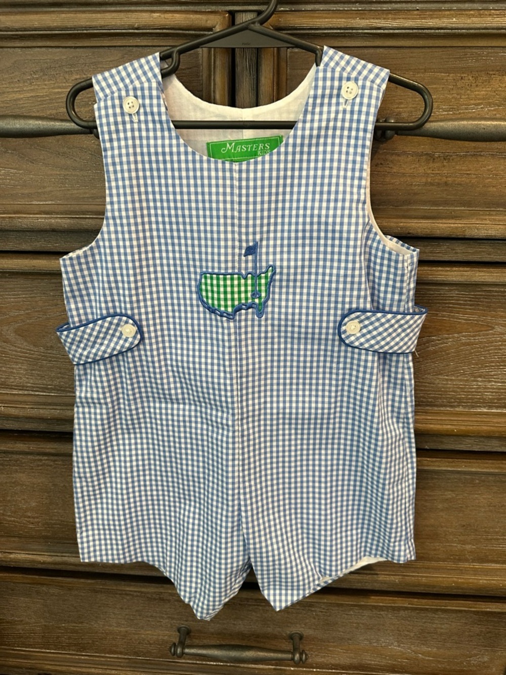 Masters Blue and White Gingham Kids Romper with Green Label